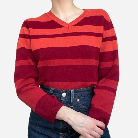 Striped pullover v neck sweater in red & orange - Relativity - fits like size S - Picture 4 of 7